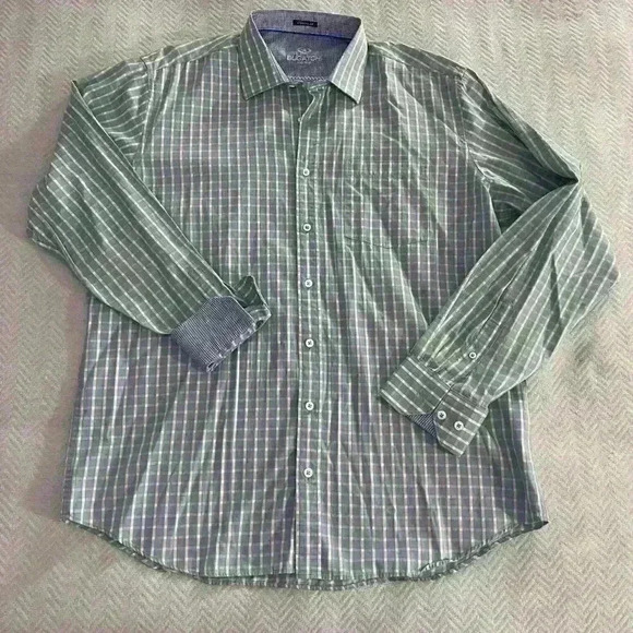 Bugatchi UOMO Shirt Size XLarge Flip Cuff Blue Plaid Long Sleeve Button Up Dress - Picture 1 of 8